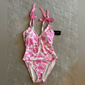 NWT Kate Spade One Piece Swimsuit with bow ties pink tulip floral pattern sz L